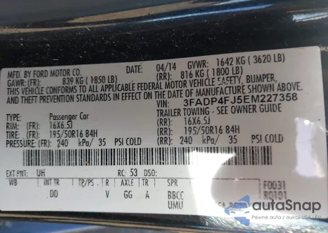 2014 Ford Fiesta Titanium z USA, uszkodzony, nr VIN 3FADP4FJ5EM227358